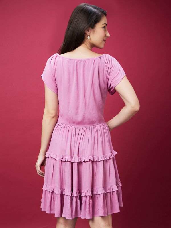 Globus Women Lavender Solid Raglan Sleeve A-Line Dress