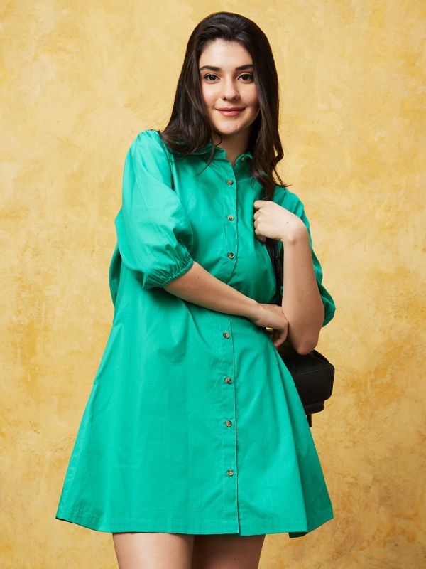 Globus Women Green Solid Puff Sleeves A-Line Shirt Dress