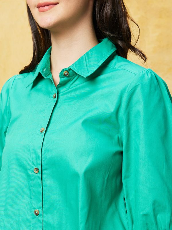 Globus Women Green Solid Puff Sleeves A-Line Shirt Dress
