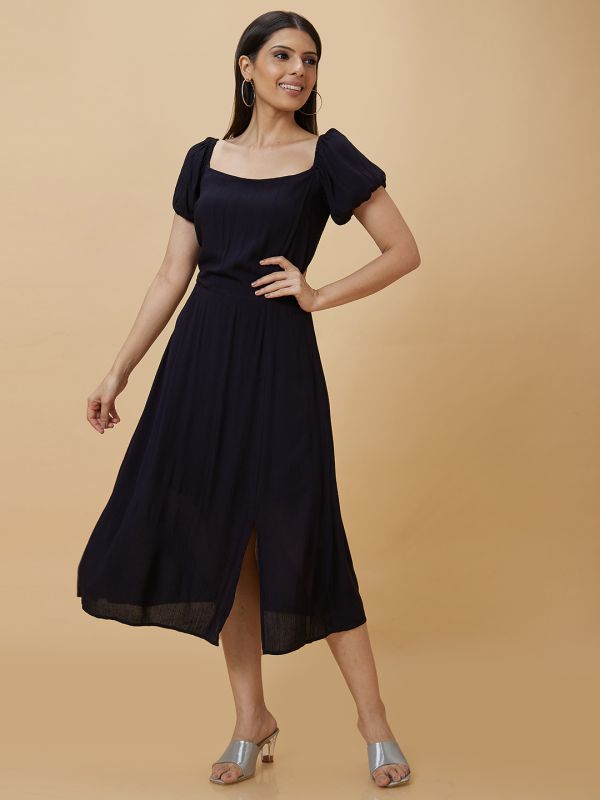 Globus Women Black Solid Square Neck Fit and Flare Midi Dress