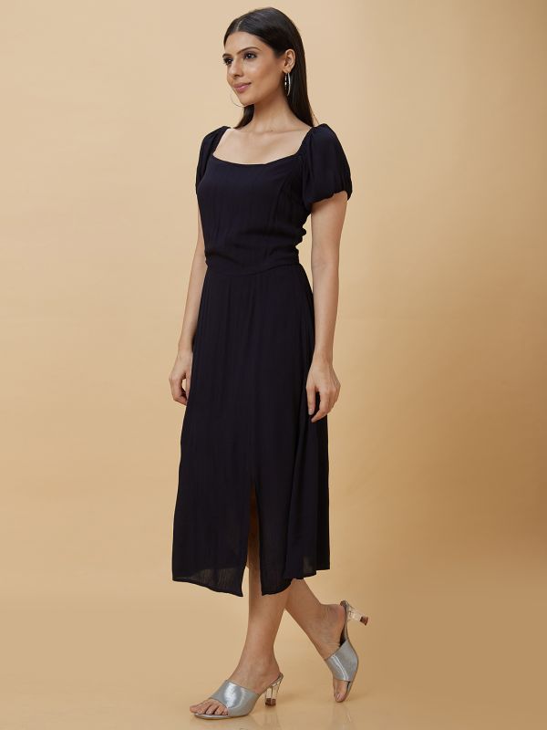 Globus Women Black Solid Square Neck Fit and Flare Midi Dress