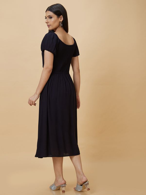 Globus Women Black Solid Square Neck Fit and Flare Midi Dress