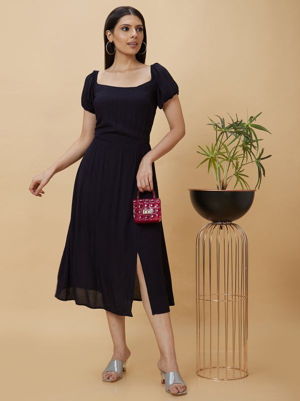 Globus Women Black Solid Square Neck Fit and Flare Midi Dress