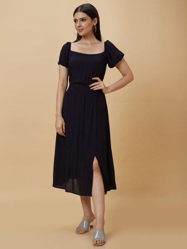 Globus Women Black Solid Square Neck Fit and Flare Midi Dress