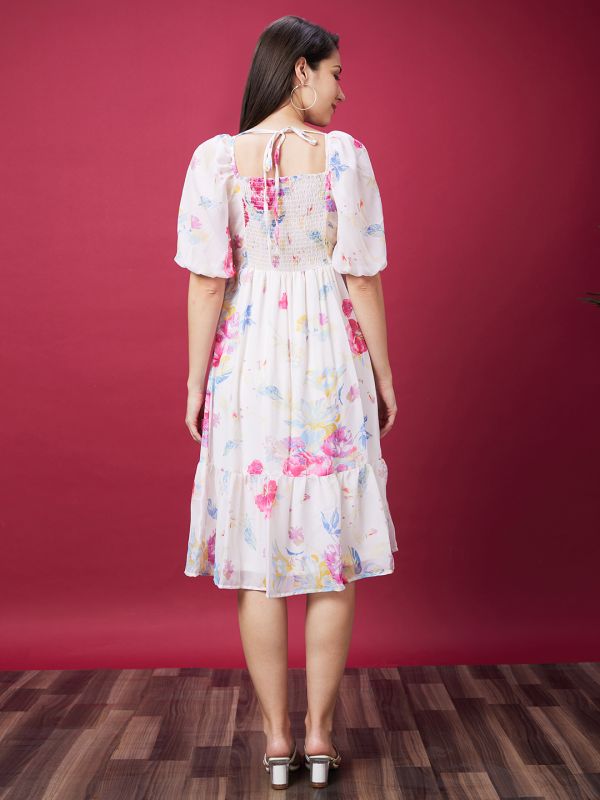 Globus Women Multi Color Floral Print Smocked Fit And Flare Dress