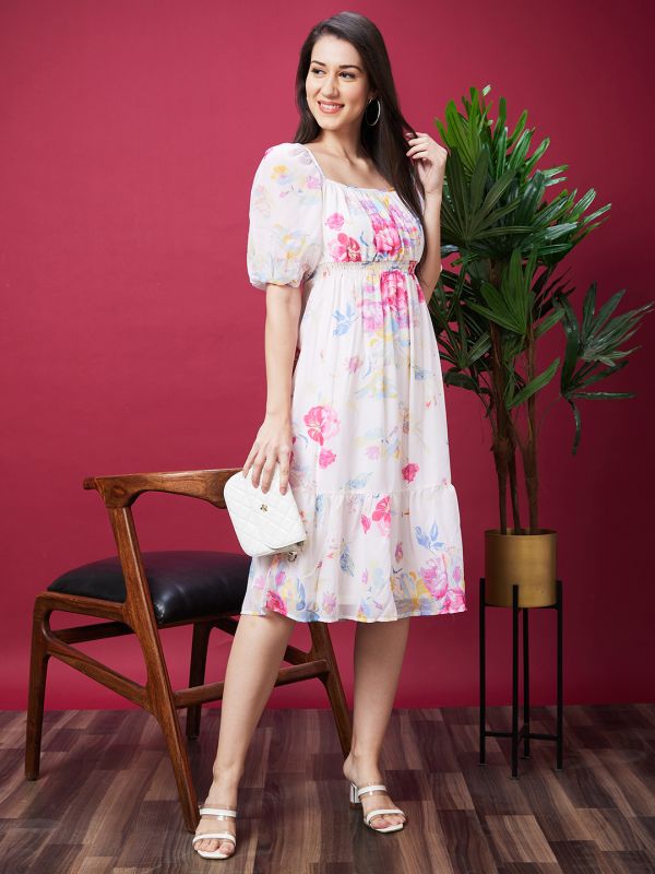 Globus Women Multi Color Floral Print Smocked Fit And Flare Dress