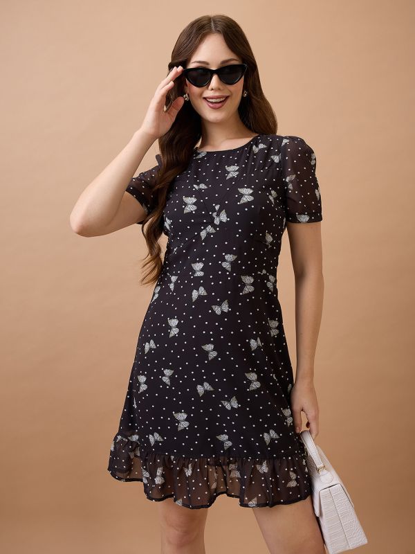 Globus Women Black Polka Dots Round Neck Short Puff Sleeves Fit & Flare Mini Dress