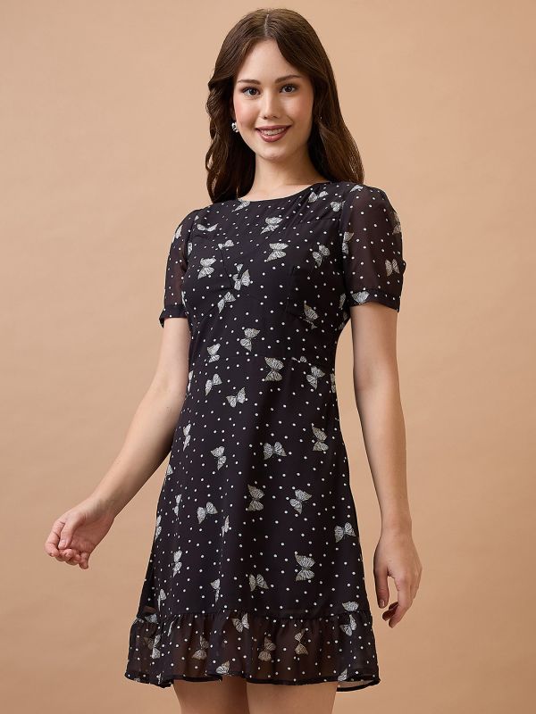 Globus Women Black Polka Dots Round Neck Short Puff Sleeves Fit & Flare Mini Dress
