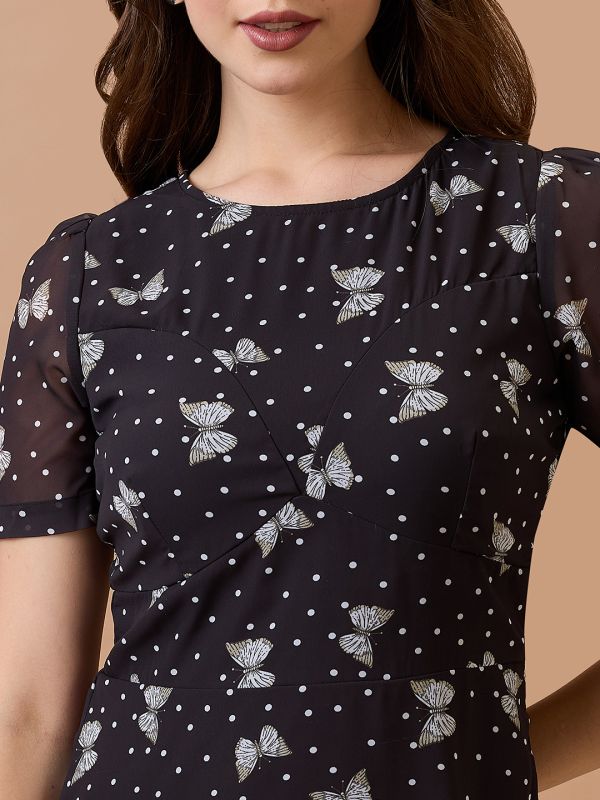 Globus Women Black Polka Dots Round Neck Short Puff Sleeves Fit & Flare Mini Dress