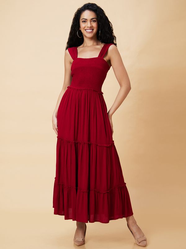 Globus Women Wine Solid Smocked Strappy Casual Fit And Flare Tiered Maxi Dress