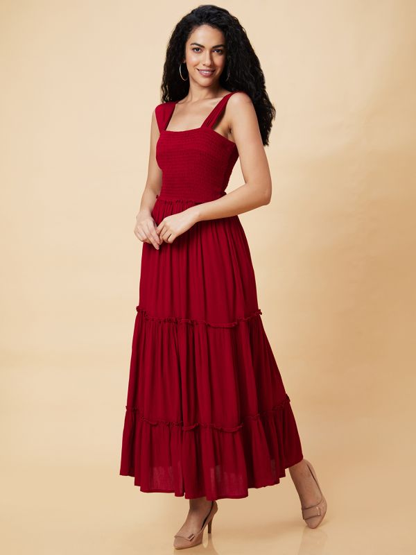 Globus Women Wine Solid Smocked Strappy Casual Fit And Flare Tiered Maxi Dress