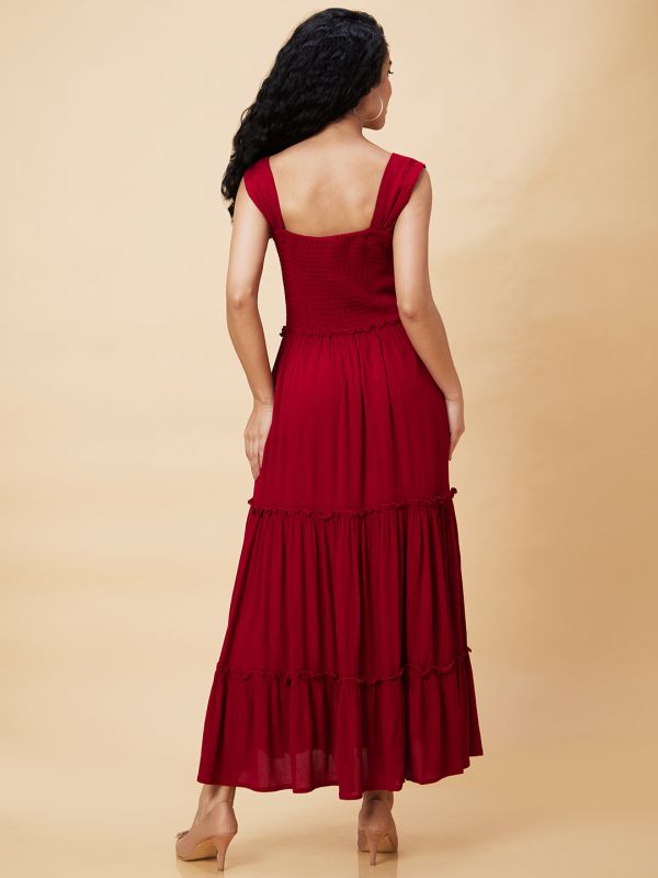 Globus Women Wine Solid Smocked Strappy Casual Fit And Flare Tiered Maxi Dress