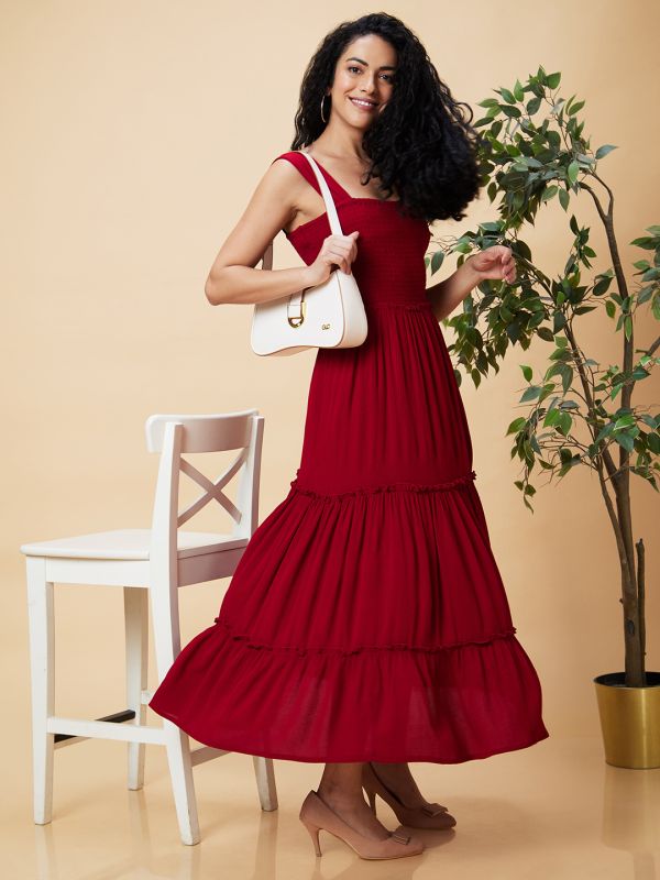 Globus Women Wine Solid Smocked Strappy Casual Fit And Flare Tiered Maxi Dress