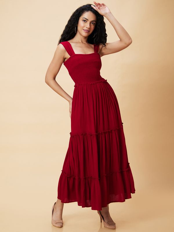 Globus Women Wine Solid Smocked Strappy Casual Fit And Flare Tiered Maxi Dress