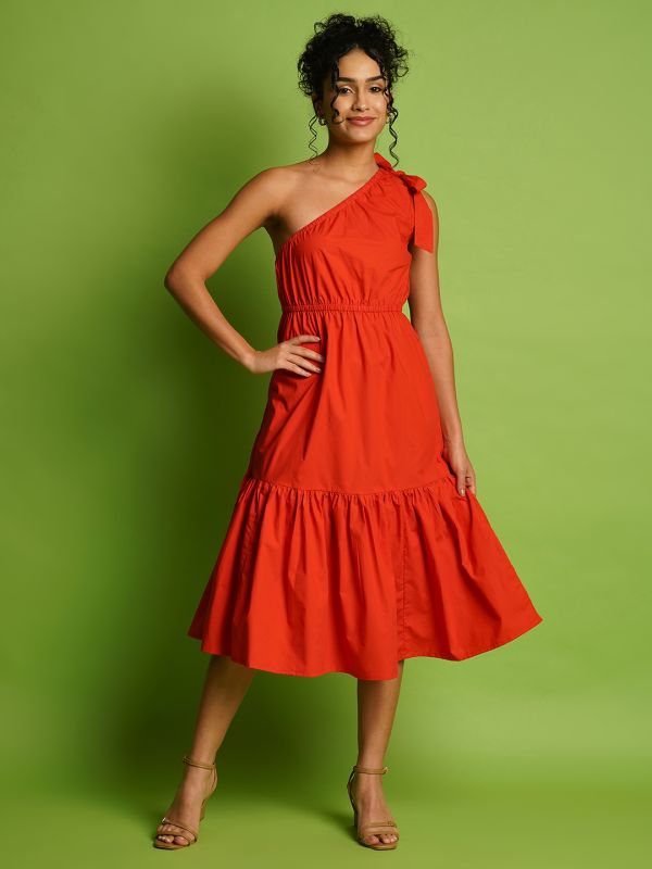Globus Women Orange One Shoulder Tie-Up Gathered Fit & Flare Midi Dress