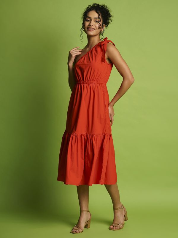 Globus Women Orange One Shoulder Tie-Up Gathered Fit & Flare Midi Dress