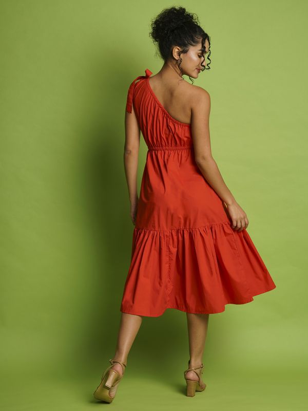 Globus Women Orange One Shoulder Tie-Up Gathered Fit & Flare Midi Dress
