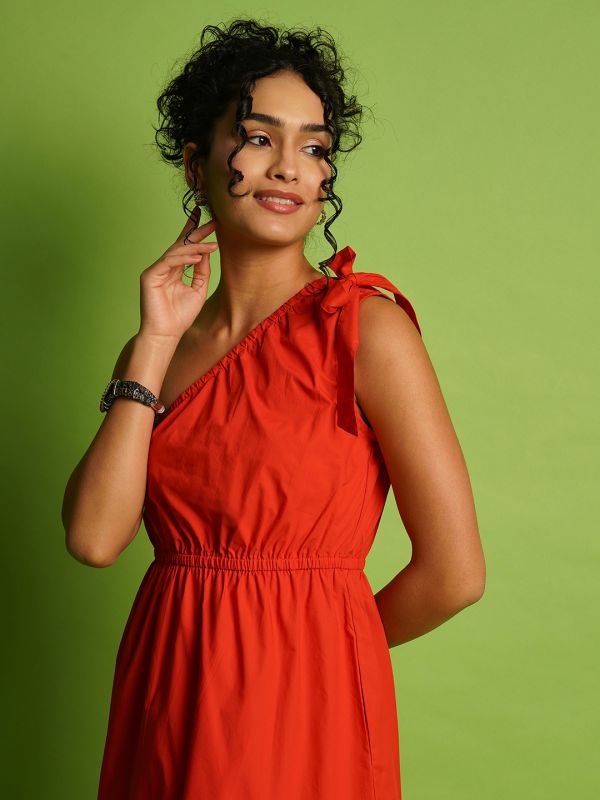 Globus Women Orange One Shoulder Tie-Up Gathered Fit & Flare Midi Dress