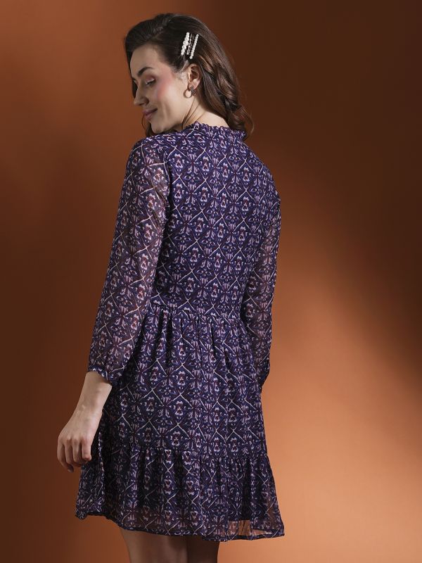 Globus Women Blue Allover Tribal Print V-Neck Fit & Flare Tiered Mini Dress