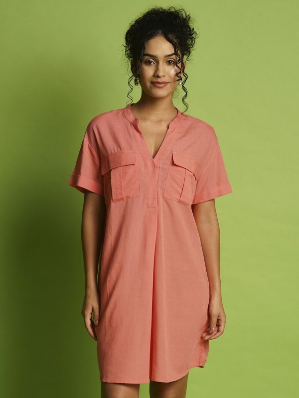Globus Women Coral Mandarin Collar With V-Cut Safari Pockets Shirt Style Dress