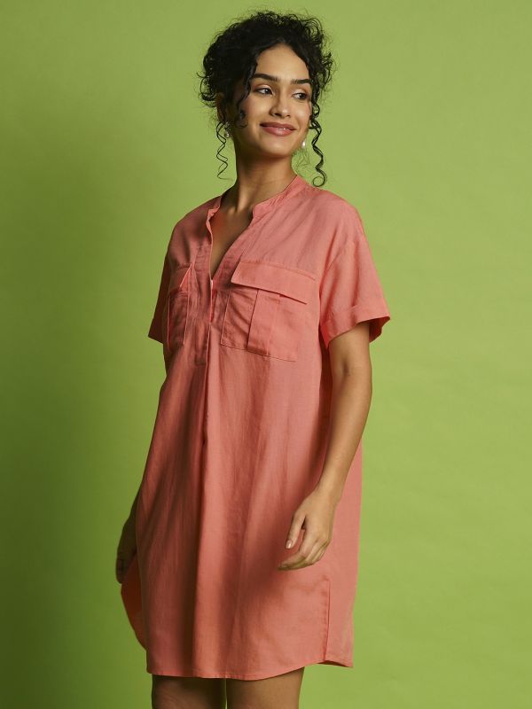 Globus Women Coral Mandarin Collar With V-Cut Safari Pockets Shirt Style Dress
