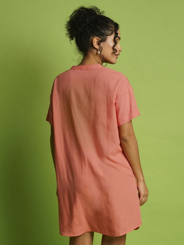 Globus Women Coral Mandarin Collar With V-Cut Safari Pockets Shirt Style Dress