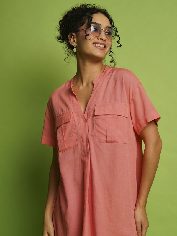 Globus Women Coral Mandarin Collar With V-Cut Safari Pockets Shirt Style Dress