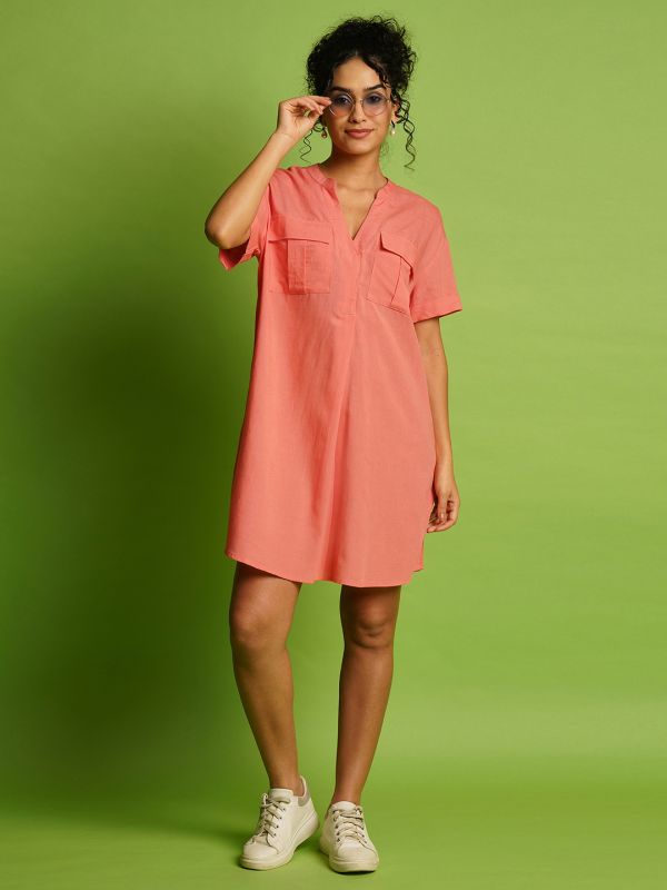 Globus Women Coral Mandarin Collar With V-Cut Safari Pockets Shirt Style Dress