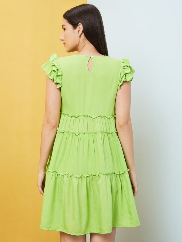 Globus Women Lime Solid Flared Sleeves V-Neck Layered Fit And Flare Casual Dress