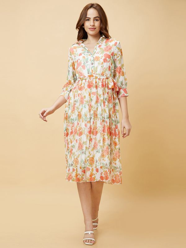 Globus Women Multi Floral Print Flared Shirt Collar Cuff Sleeves Tie-Up with Belt A-Line Dress