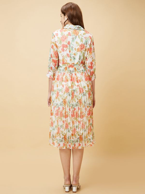 Globus Women Multi Floral Print Flared Shirt Collar Cuff Sleeves Tie-Up with Belt A-Line Dress