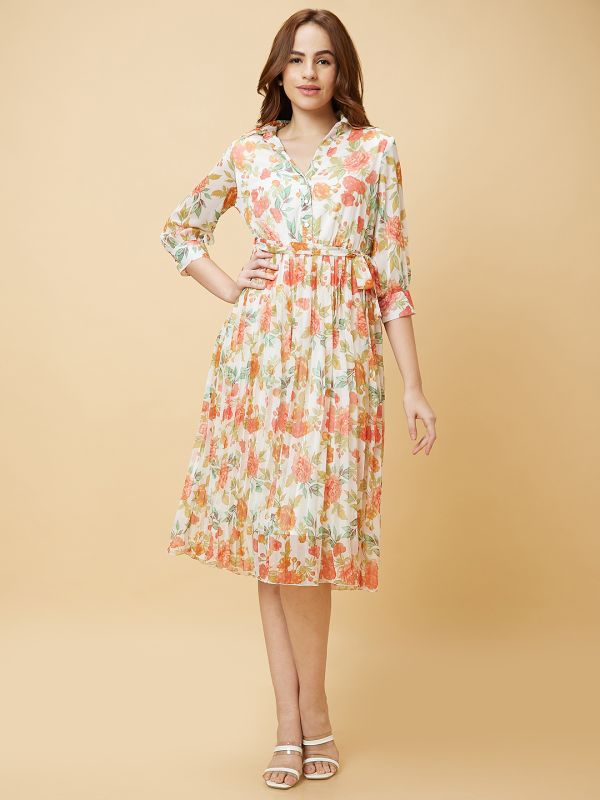 Globus Women Multi Floral Print Flared Shirt Collar Cuff Sleeves Tie-Up with Belt A-Line Dress