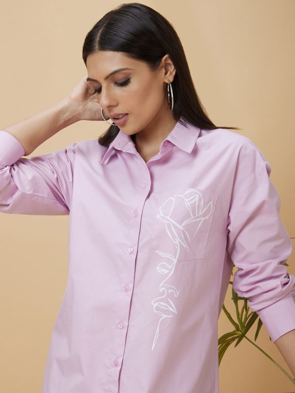 Globus Women Lilac Floral Print Shirt Collar Knee Length Dress