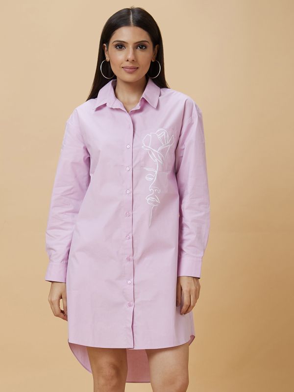 Globus Women Lilac Floral Print Shirt Collar Knee Length Dress