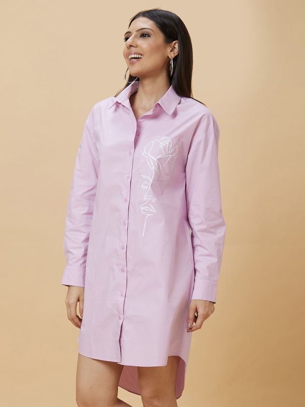 Globus Women Lilac Floral Print Shirt Collar Knee Length Dress