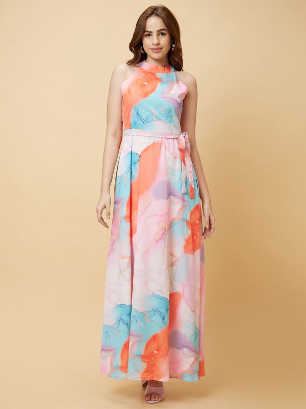 Globus Women Pink Abstract Marble Print Halter Neck Casual Fit And Flare Maxi Dress with Waist Tie Up