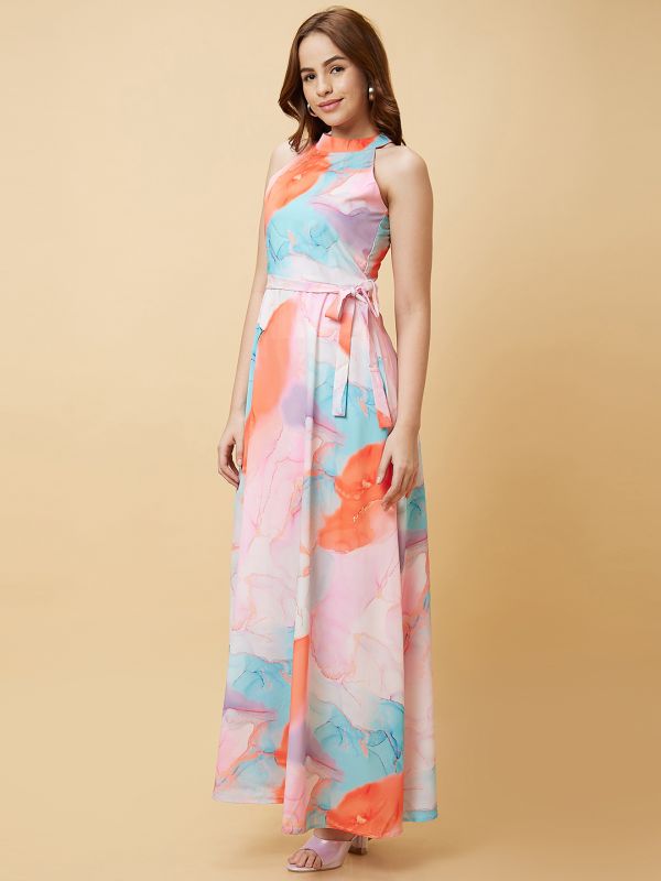 Globus Women Pink Abstract Marble Print Halter Neck Casual Fit And Flare Maxi Dress with Waist Tie Up