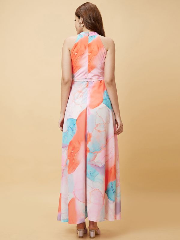 Globus Women Pink Abstract Marble Print Halter Neck Casual Fit And Flare Maxi Dress with Waist Tie Up