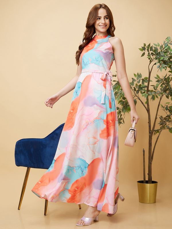 Globus Women Pink Abstract Marble Print Halter Neck Casual Fit And Flare Maxi Dress with Waist Tie Up