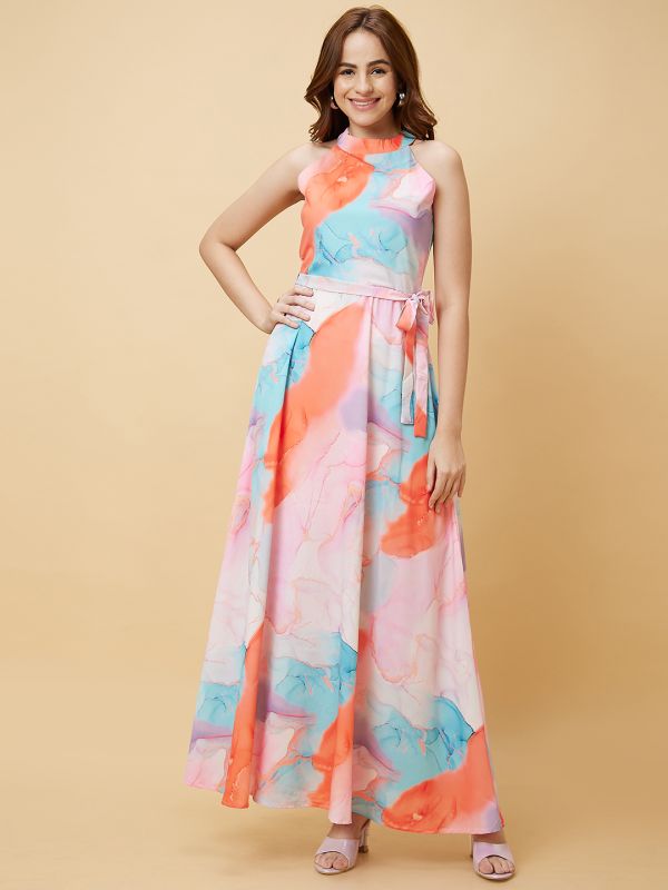 Globus Women Pink Abstract Marble Print Halter Neck Casual Fit And Flare Maxi Dress with Waist Tie Up