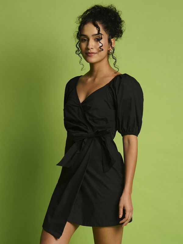 Globus Women Black V-Neck Puff Sleeves Side Pleated Waist Tie-Up Mini Wrap Party Dress