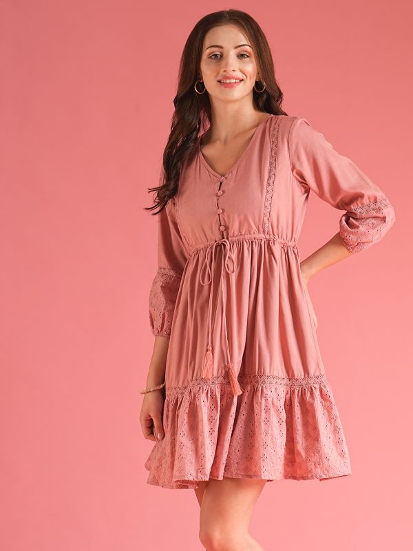 Globus Women Peach V-Neck Self Design Lace Inserts Waist Tie-Up Fit & Flare Mini Schiffli Dress