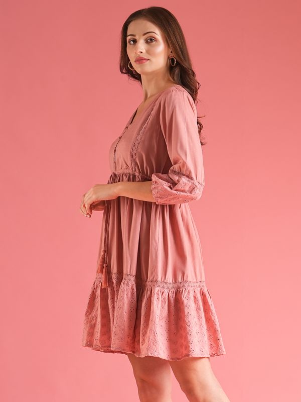 Globus Women Peach V-Neck Self Design Lace Inserts Waist Tie-Up Fit & Flare Mini Schiffli Dress