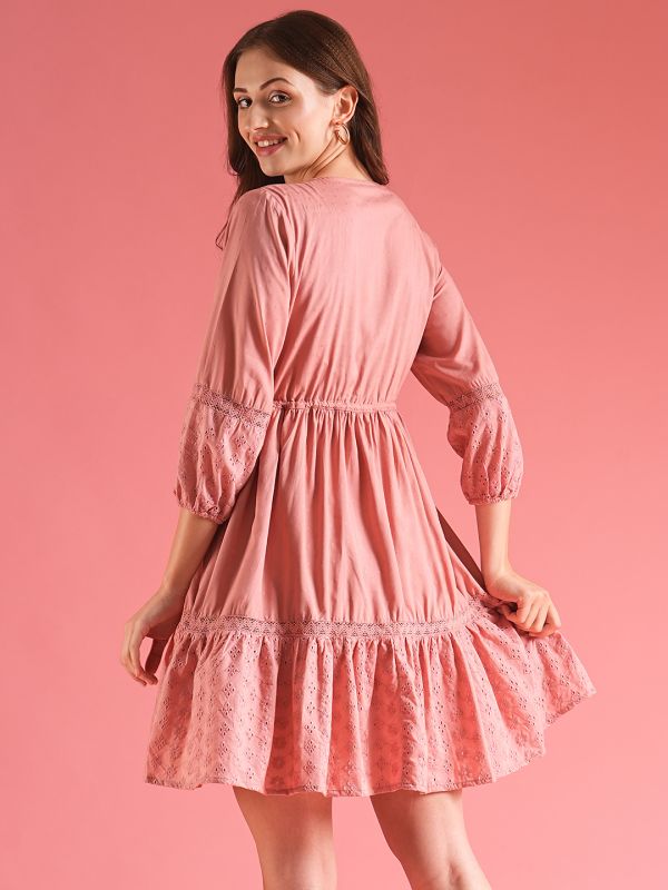 Globus Women Peach V-Neck Self Design Lace Inserts Waist Tie-Up Fit & Flare Mini Schiffli Dress