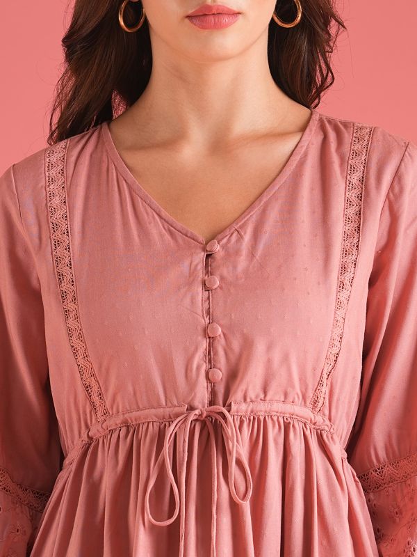 Globus Women Peach V-Neck Self Design Lace Inserts Waist Tie-Up Fit & Flare Mini Schiffli Dress
