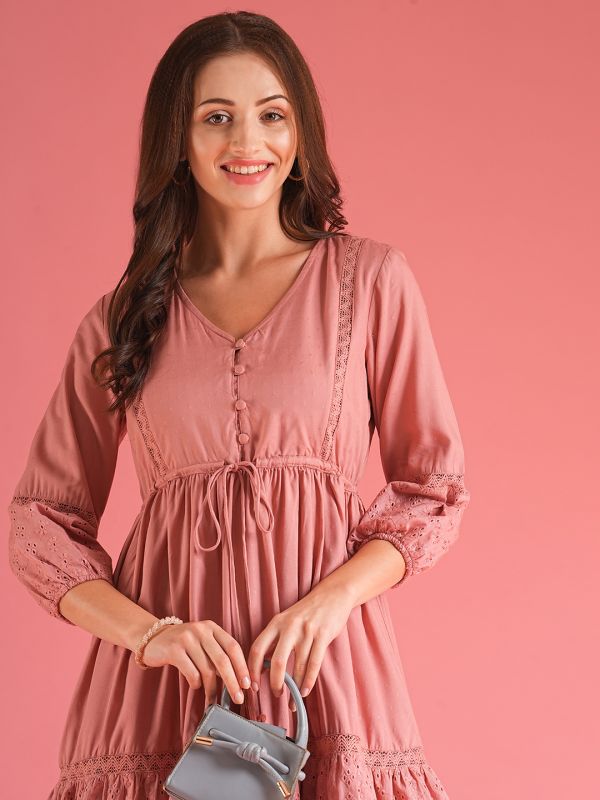 Globus Women Peach V-Neck Self Design Lace Inserts Waist Tie-Up Fit & Flare Mini Schiffli Dress