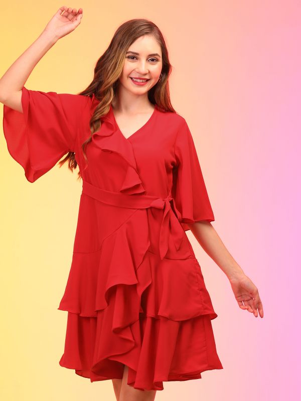 Globus Women Red Wrap Neck Ruffle Asymmetric Party Dress