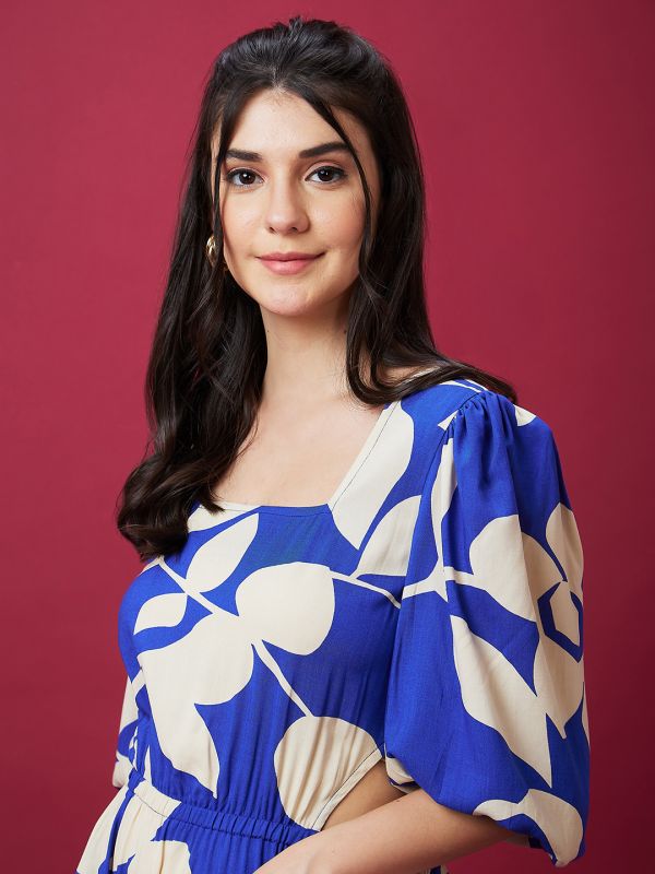 Globus Women Blue Floral Print Square Neck Waist Cut Out Maxi Dress
