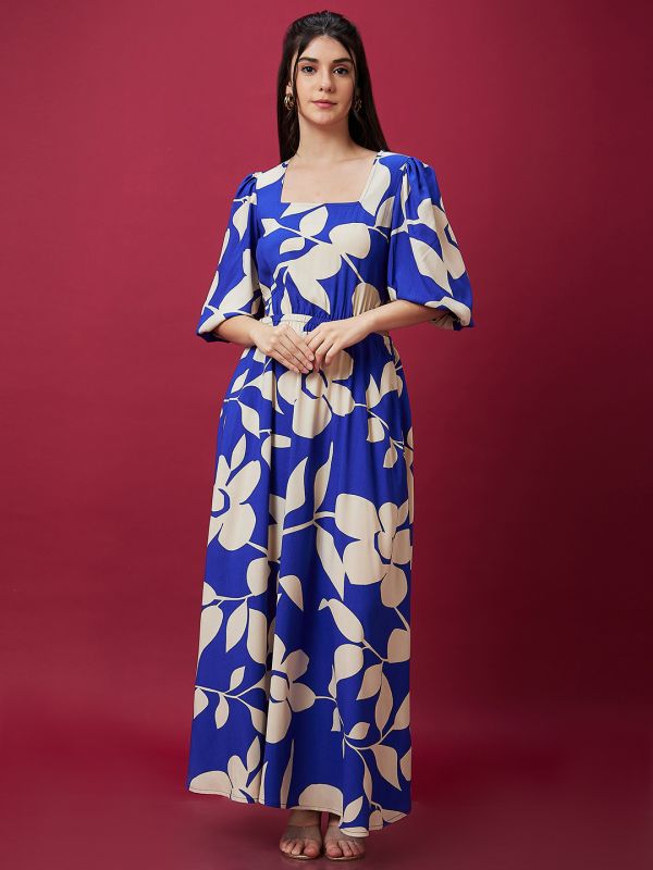 Globus Women Blue Floral Print Square Neck Waist Cut Out Maxi Dress