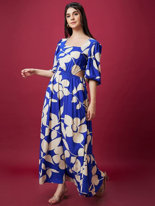 Globus Women Blue Floral Print Square Neck Waist Cut Out Maxi Dress